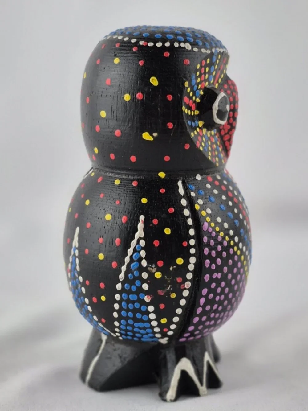 Hand Painted Wooden Owl Figurine Dot Art Folk Art Sculpture
